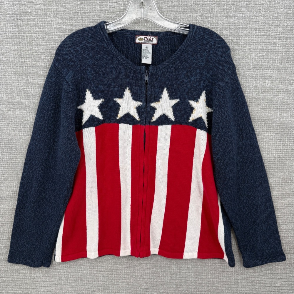 Vintage Tiara International Sweater Cardigan Women M Patriotic Stars Stripe